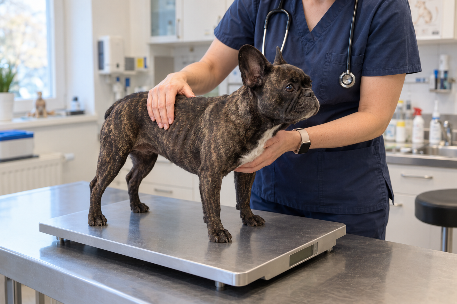 Veterinářka vyšetřuje kondici hubeného žíhaného psa na váze